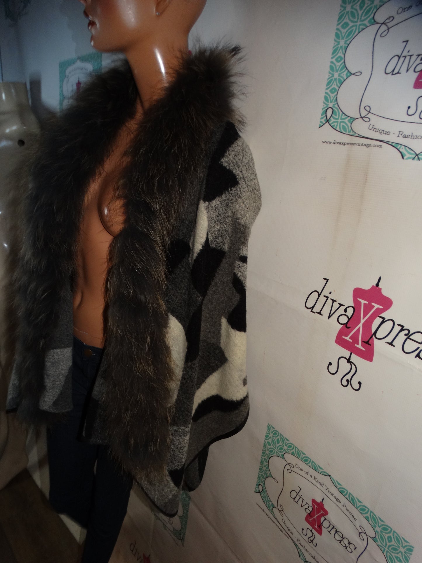 Vintage Michie Wool Raccon Fur Poncho One Size Fits ALL