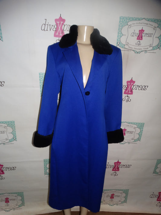 Vintage Chad Stevens Blue Long Blazer Jacket with Faux Fur Collar Size L