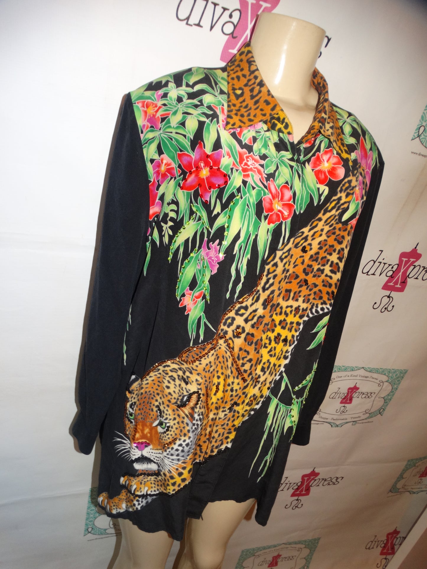 Vintage Diane Gilman Black Silk Tiger Beaded Blouse Size 2x