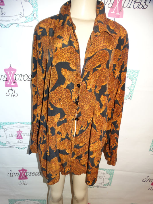 Vintage Diame Von Silk Tiger Black Blouse Size 2x