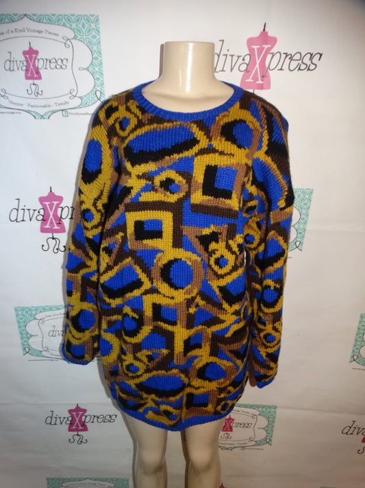 Vintage Adreinne Vinetta Blue/Gold Wool Sweater Size 1x