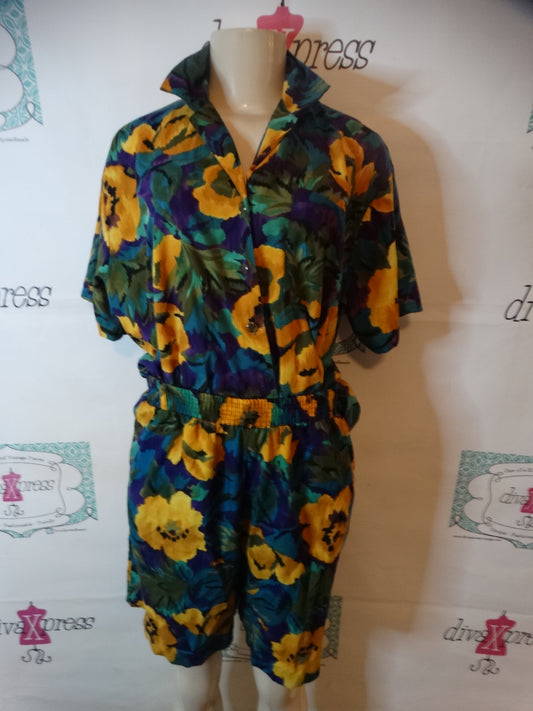 Vintage Cristin Stevens Floral Purple GReen 2 Piece Short Set Size XL