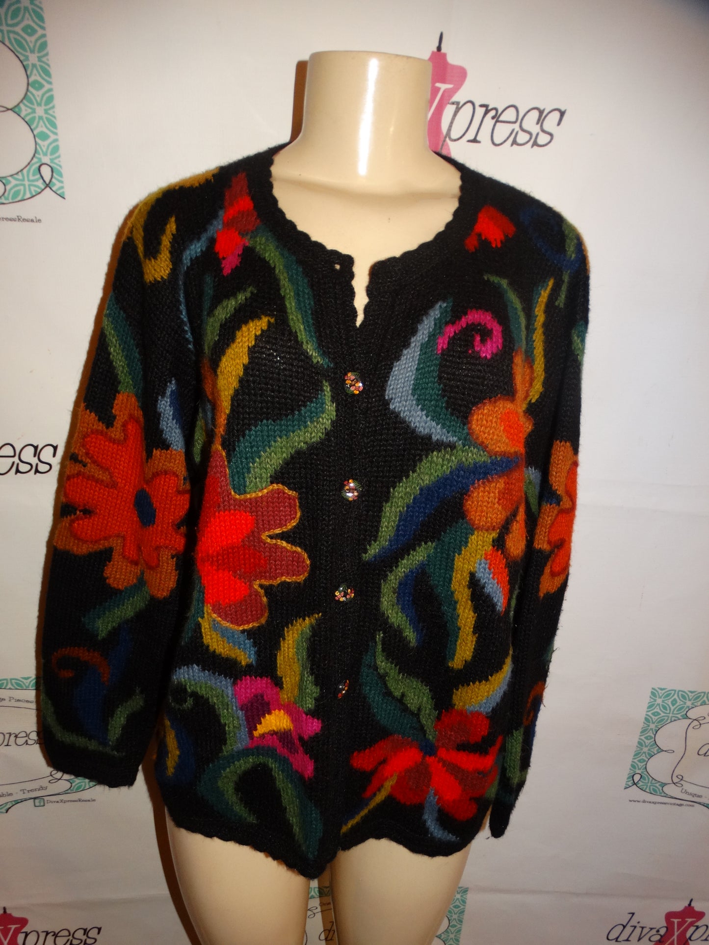 Vintage Baby Alpaca Black Colorful Sweater Size XL