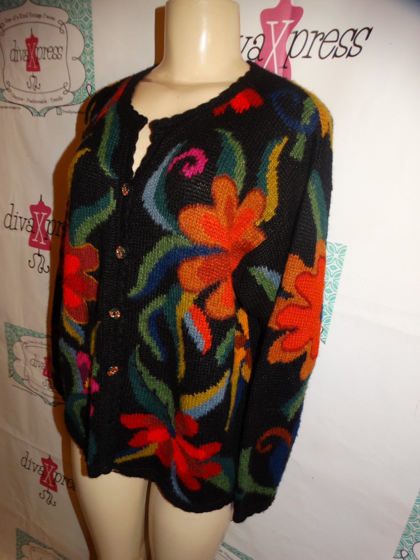 Vintage Baby Alpaca Black Colorful Sweater Size XL
