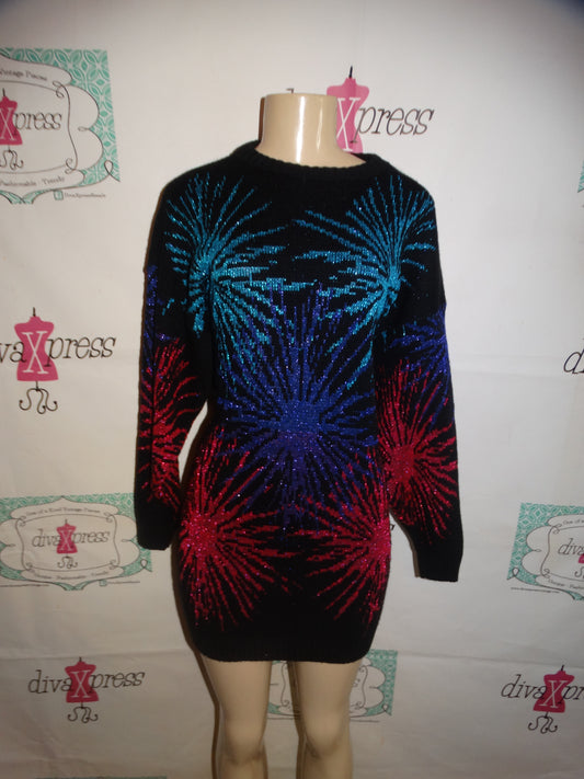 Vintage Distintly Different Black Colorful Sweater Dress Size M