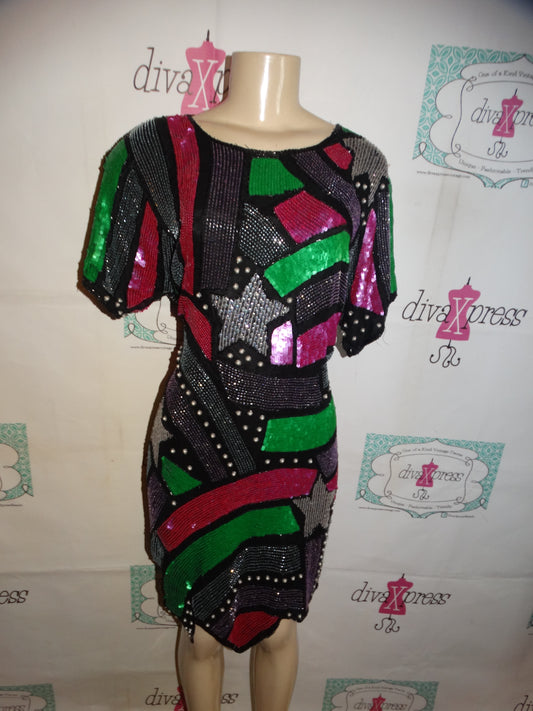Vintage Sonia Black Colorful Sequins Dress Size XL