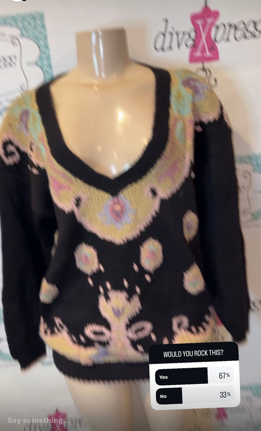 Vintage Jennifer Reed Black Colorful Sweater Size L