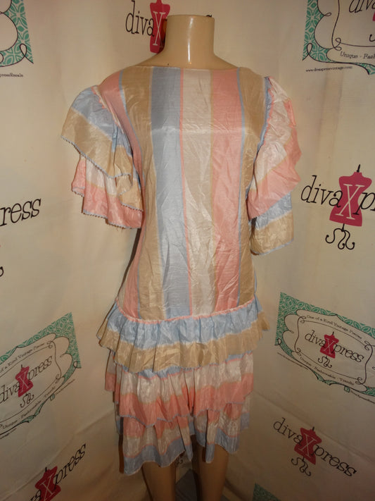 Vintage Pink/Tan Blue Ruffle Dress Size L