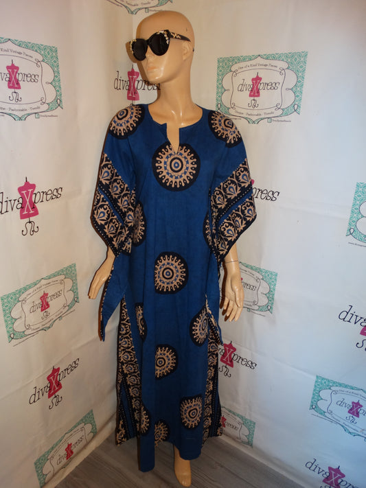 Vintage Tram Blue/Cream Long Asian Sleeve Dress Size S