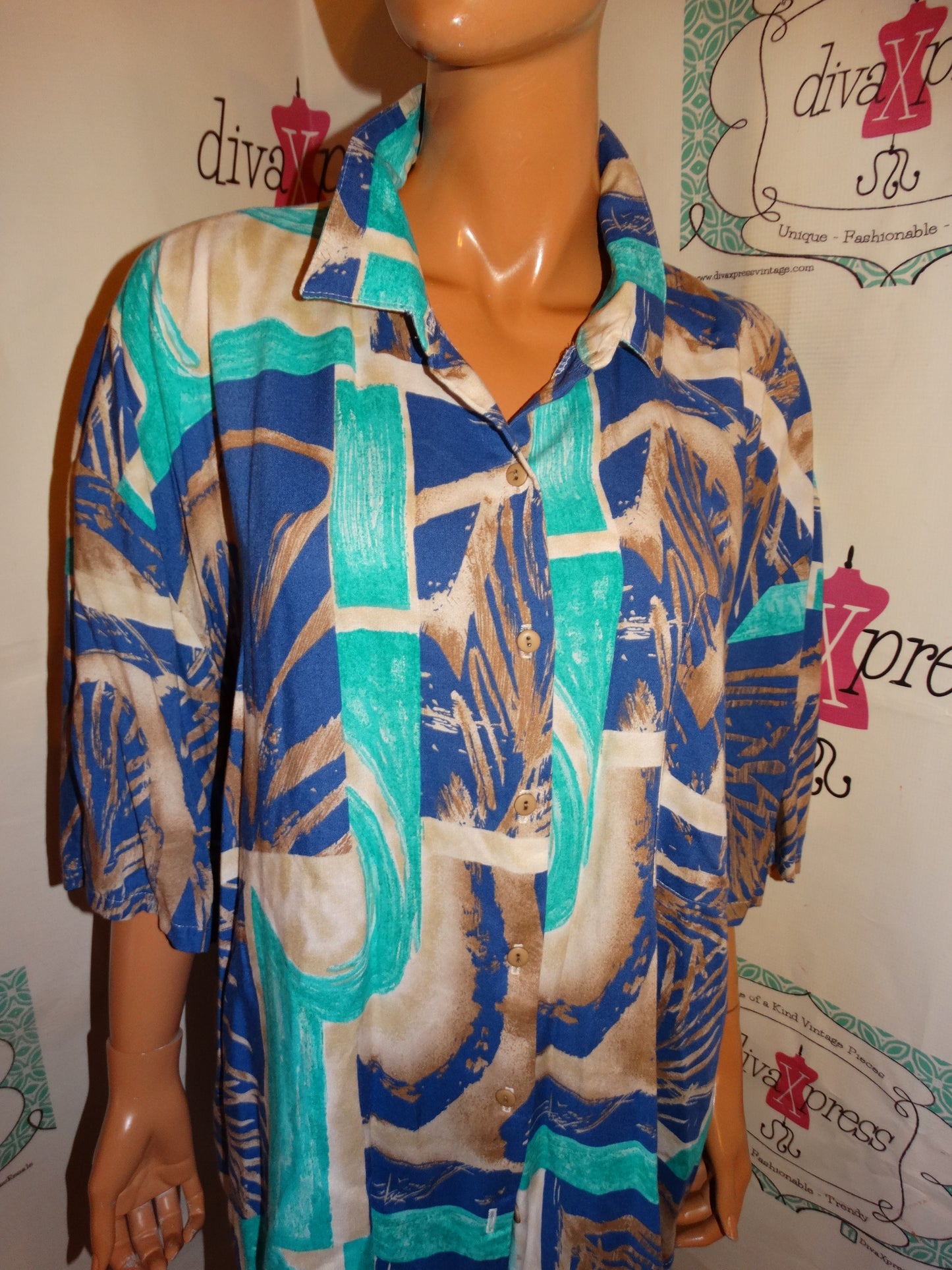 Vintage Plus Preferred Blue/Tan Blouse Size 3x