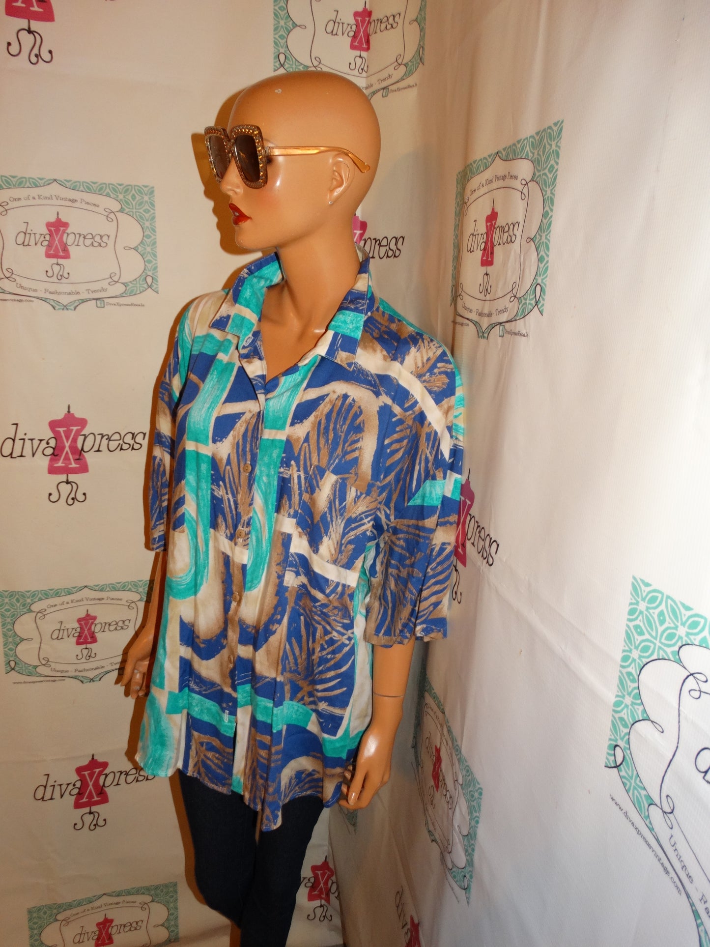 Vintage Plus Preferred Blue/Tan Blouse Size 3x