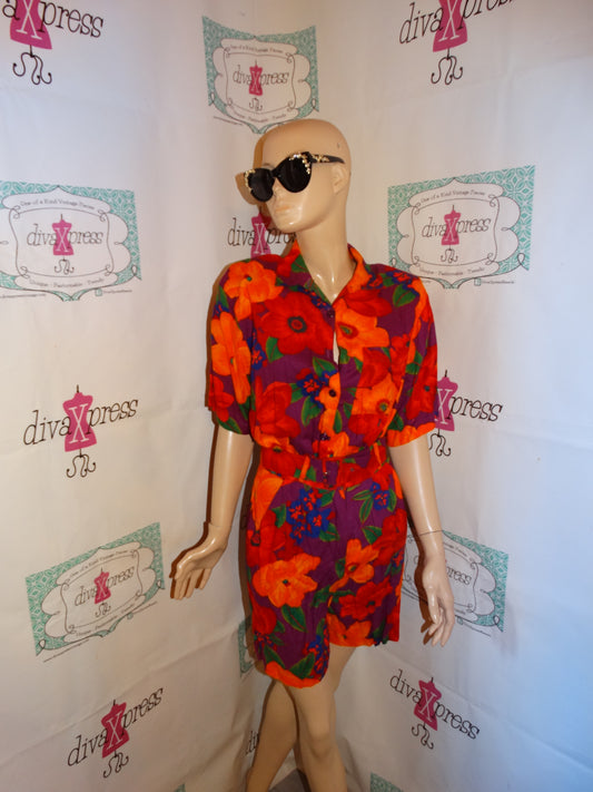 Vintage Nouveau Orange /Red Floral 2 Piece Pants Set Size S