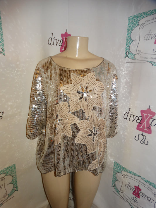 Vintage JLB Silver Cream Sequins Blouse Size XL
