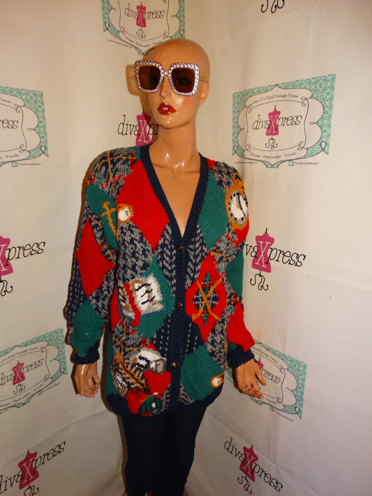 Vintage Wellington Blue/Green Colorful Sweater Cardigan Size M-L