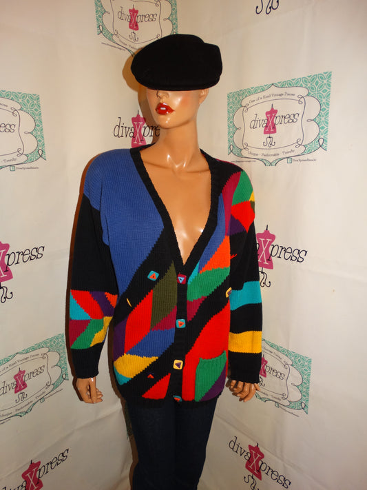 Vintage Lisa Nicholas Black Colorful Cardigan Sweater Size L