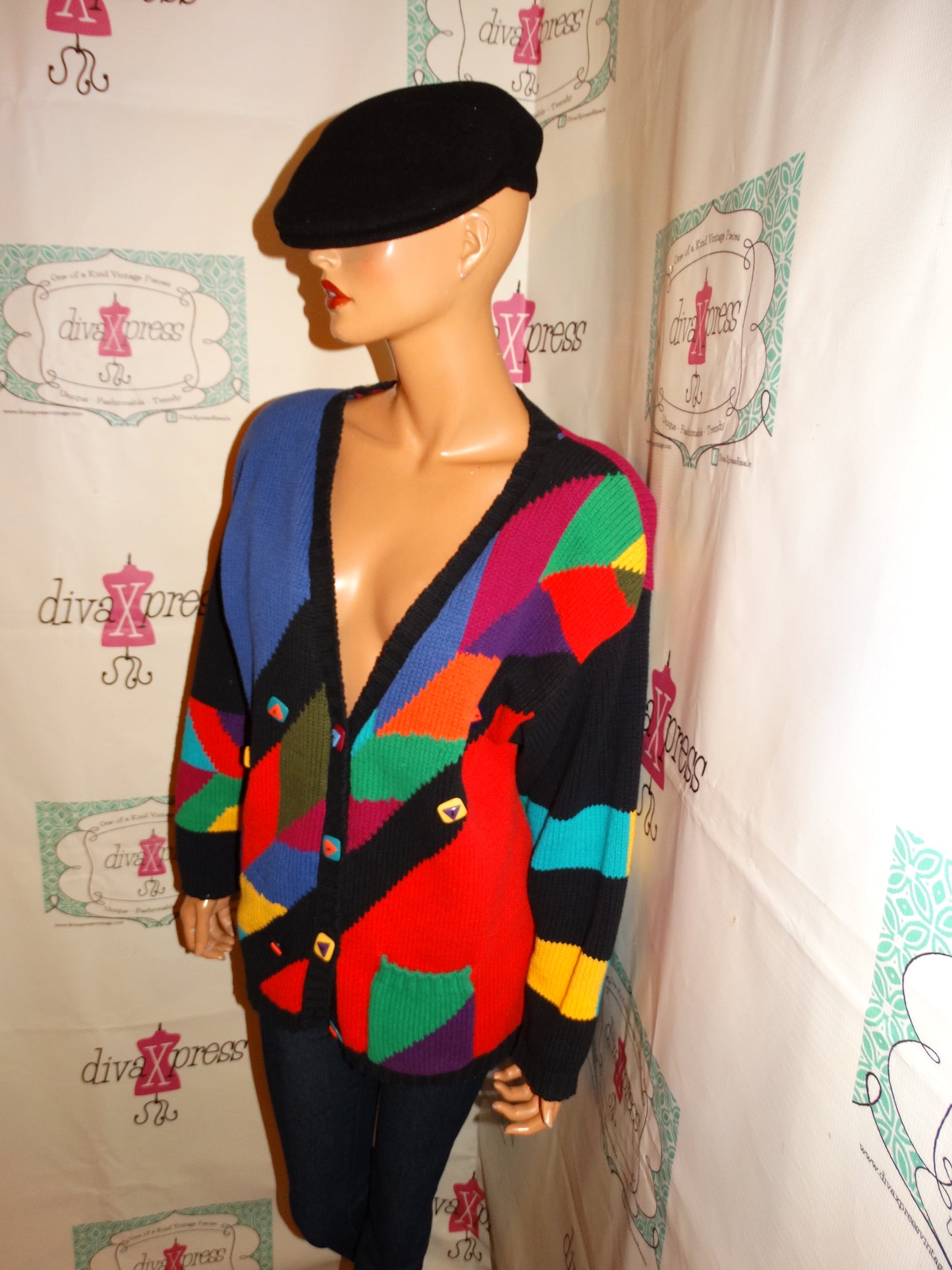 Vintage Lisa Nicholas Black Colorful Cardigan Sweater Size L
