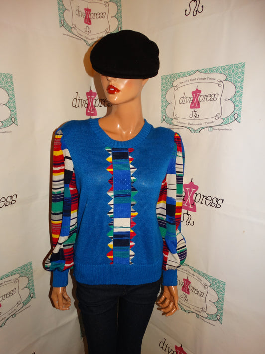 Vintage Leslie Fay Blue Colorful Blouse Size S