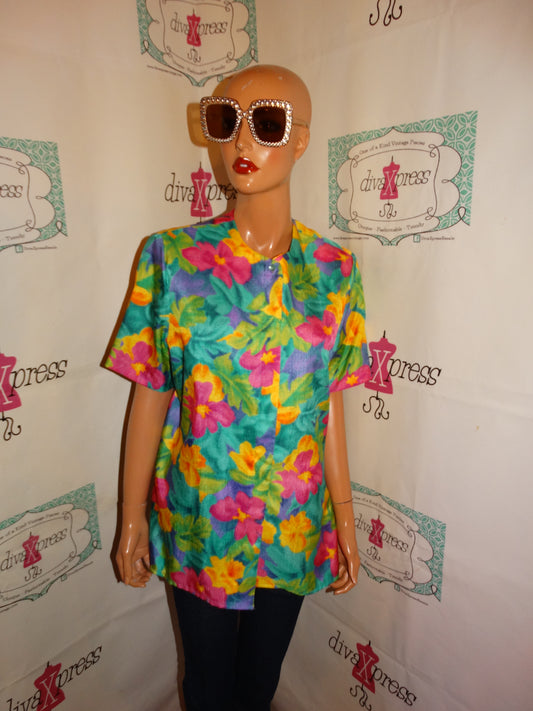 Vintage Kelly & Co Gree Colorful Floral Blouse Size L