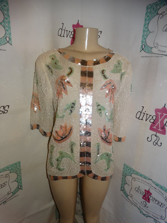 Vintage Royal White Green Pink Sequins Top Size M
