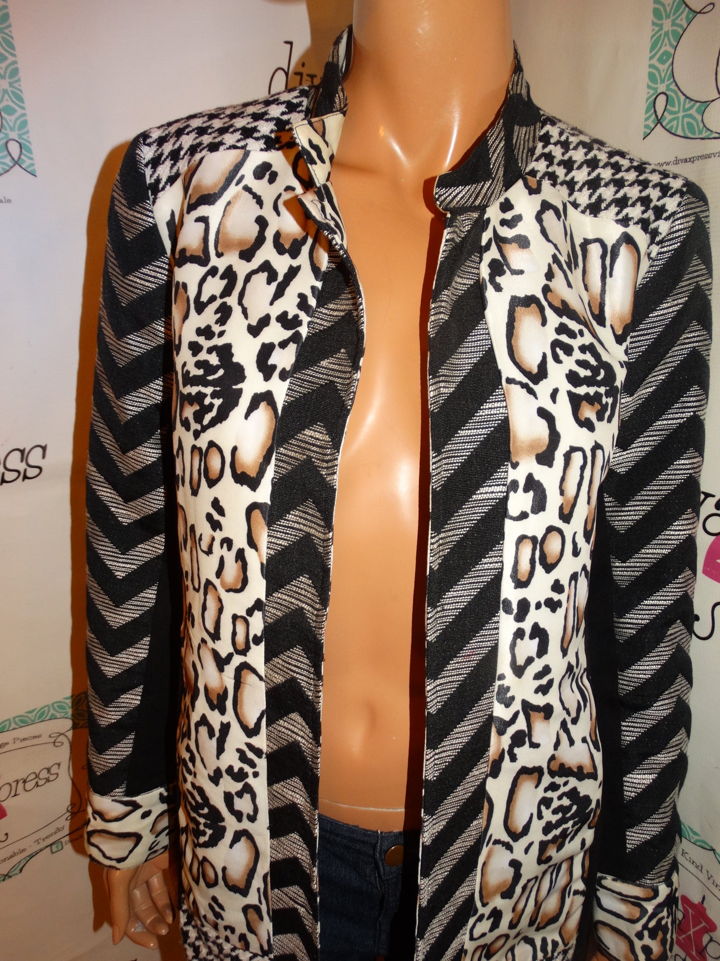 Vintage Moka Leopard/Black White Patch Long Blazer Size M