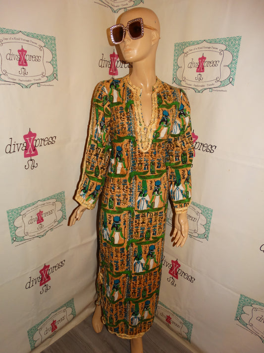Vintage Tan Egyptian Print Dress Size S