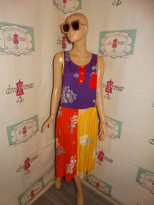 Vintage QPS Blue Colorful Dress Size L