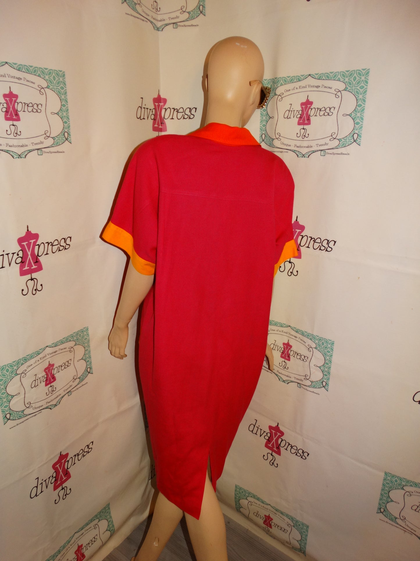 Vintage Sanrdra O Wing Pink/ORange Yellow ColorBlock Dress Size XL
