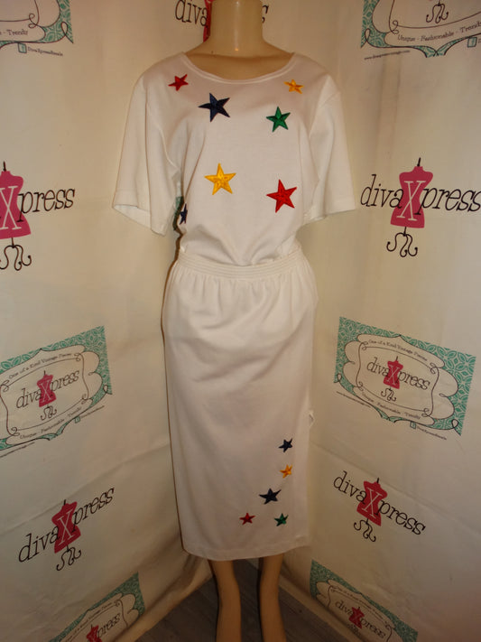 Vintage Sara White Colorful 2 Piece Skirt Size L