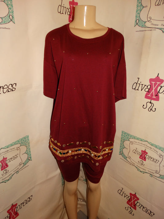 Vintage TSLR Burgundy Gold Beaded 2 Piece Short Set Size 1x