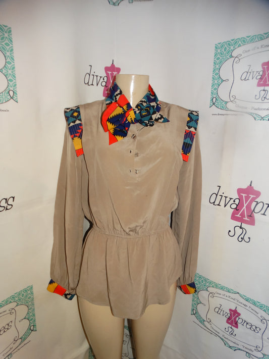 Vintage Whitney Eve Tan Colorful High Shoulder Blouse Size M