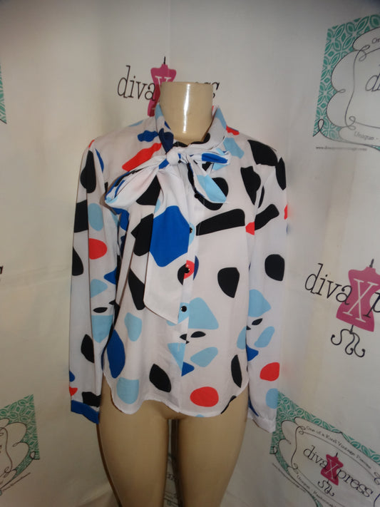 White Blue Dot Tie Top Size S