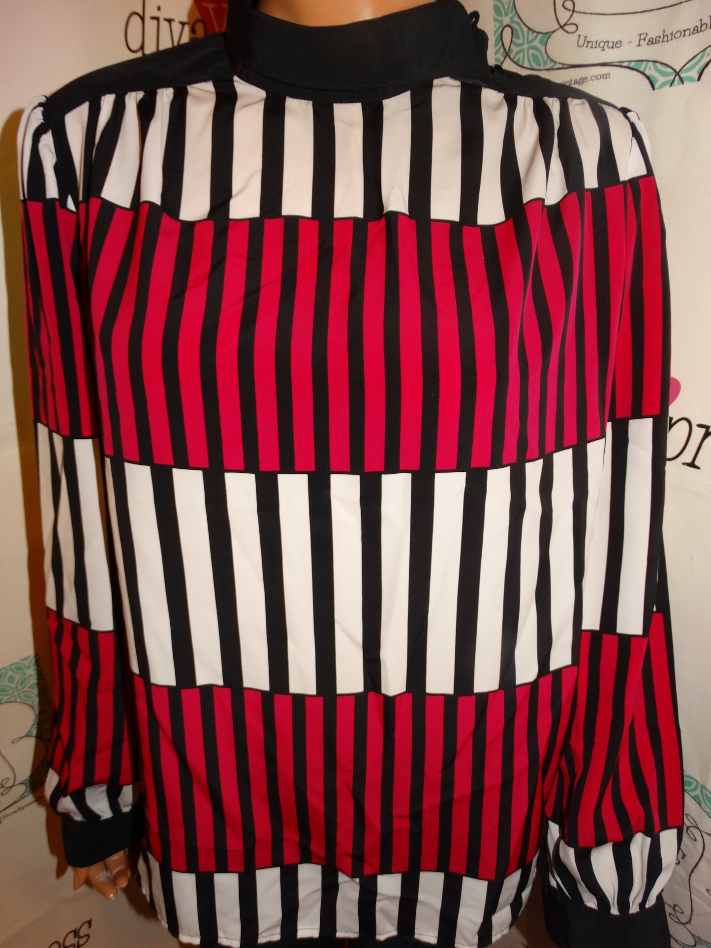 Vintage Lloyd Williams Black/White/Pink Stripe Blouse Size L