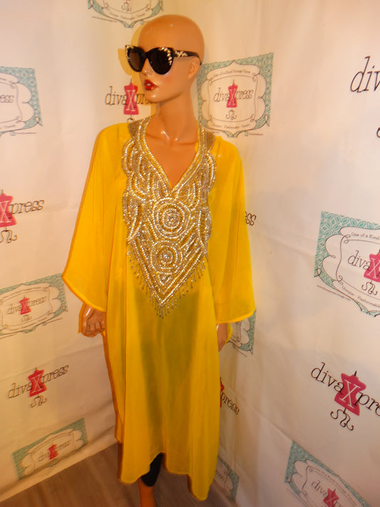 Vintage Yellow Silver Sheer Heavy Beaded Throw Size 1x