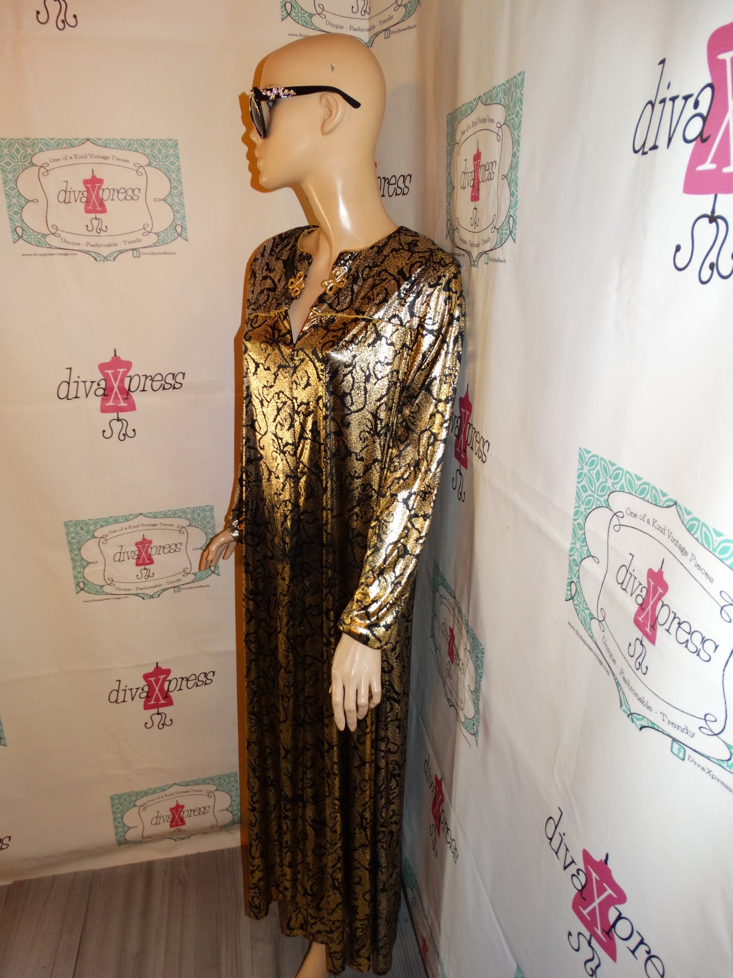 Vintage Luci Russ Black/Gold Silver Dress Size 1x