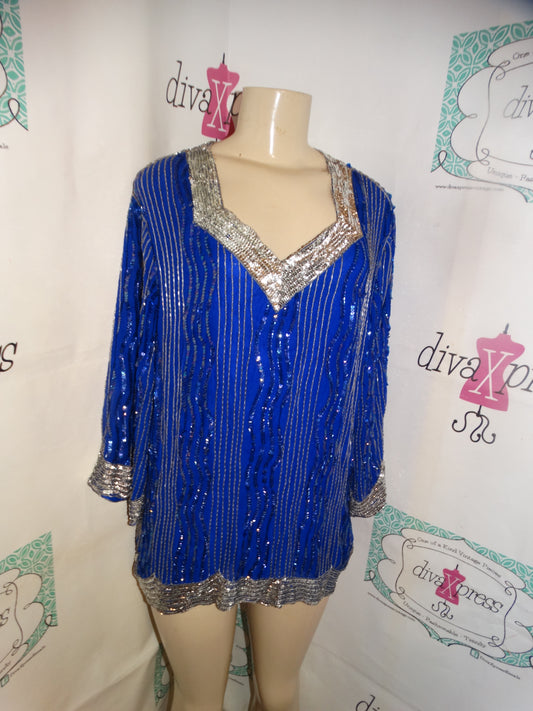 Vintage Royal Blue Silver Sequins Top Size L