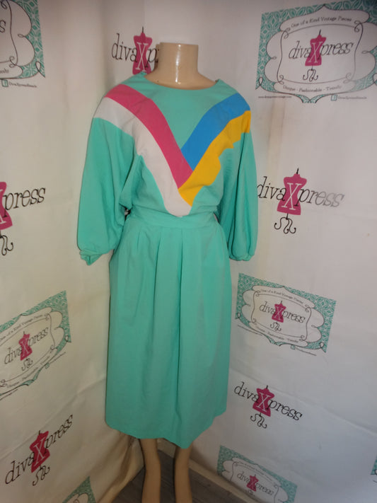 Vintage Toni Todd Green Colorful 2 Piece Skirt Set Size L