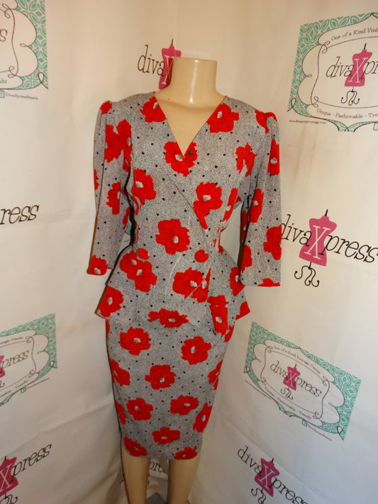 Vintage Red/Black Floral 2 Piece Skirt Set Size M
