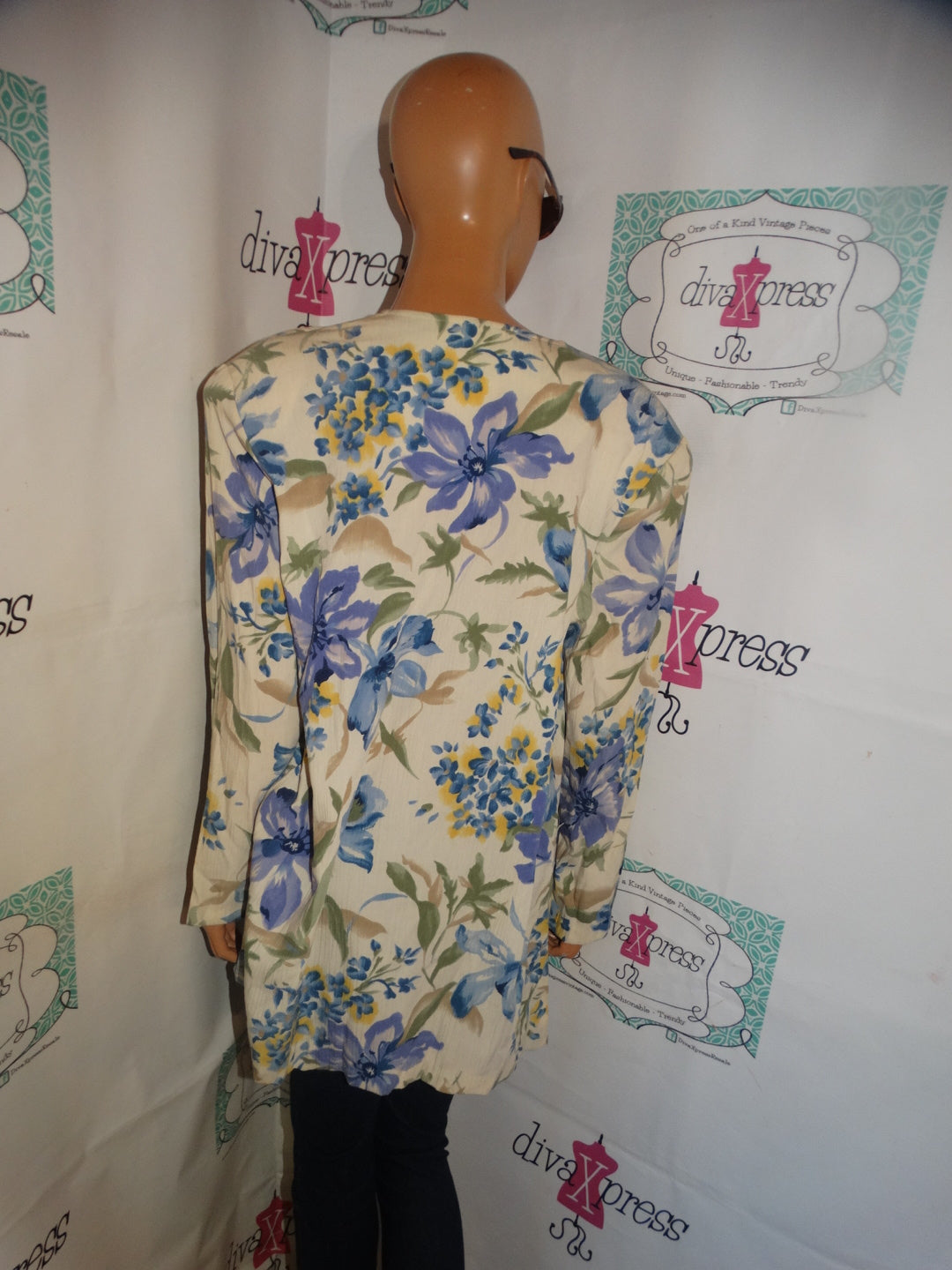 Vintage Jessica Scott Cream/Blue Floral Blazer Size XL