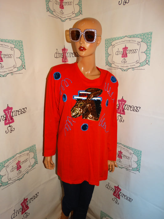 Vintage Red/gold Donkey Sequins Detail Top Size XL