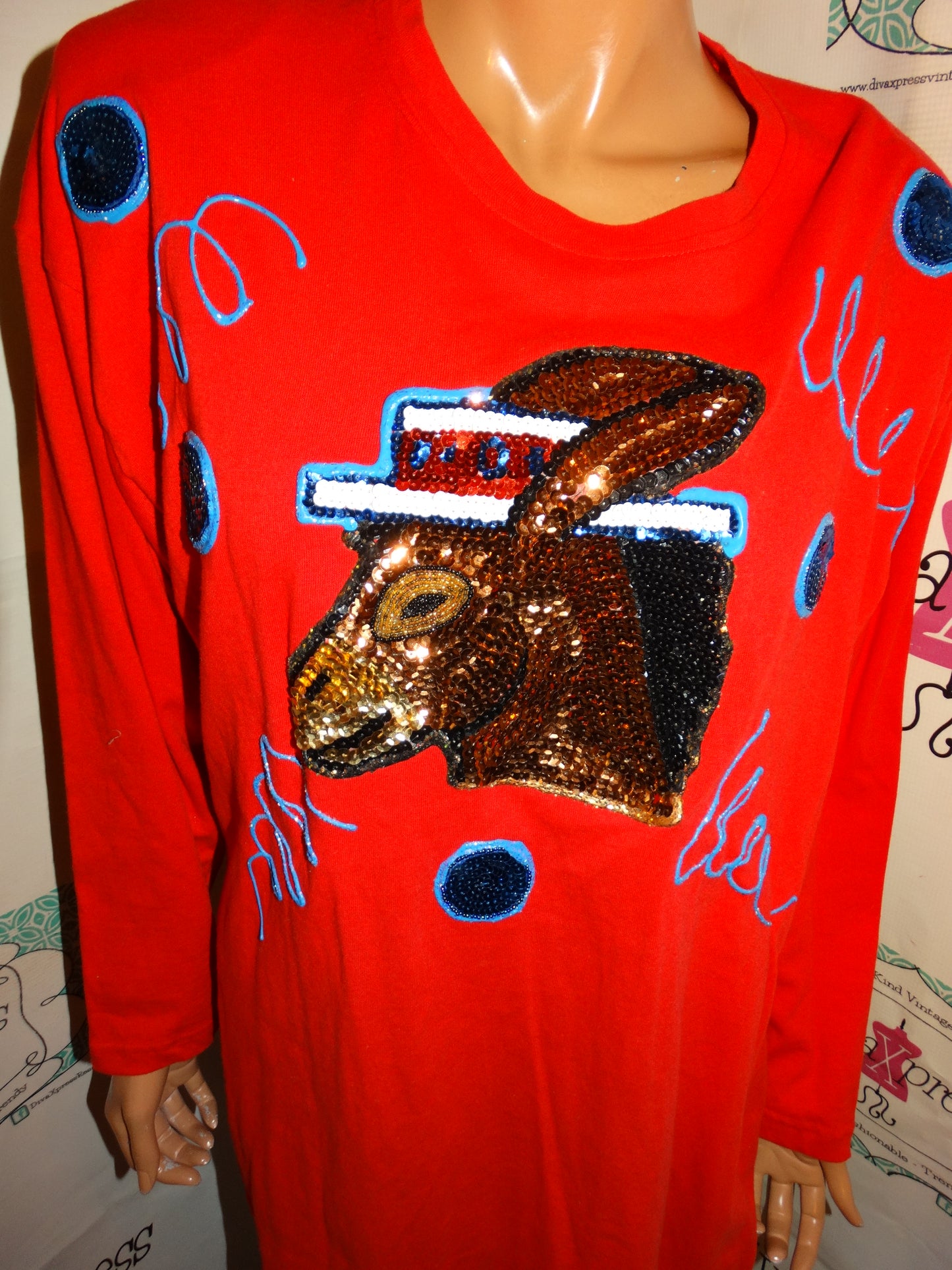 Vintage Red/gold Donkey Sequins Detail Top Size XL