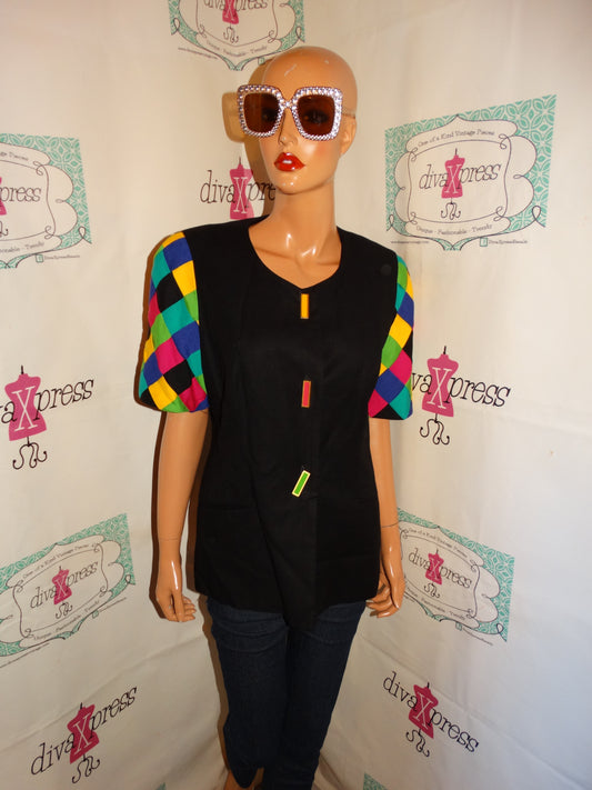 Vintage Junniette Black Colorful Weave Sleeve Top Size M