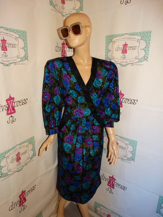 Vintage Leslie Fay Black Floral Dress Size L