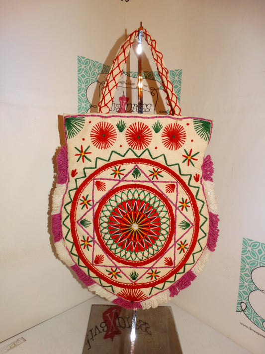 Vintage Tan Colorful  Indian Style Tote Size M