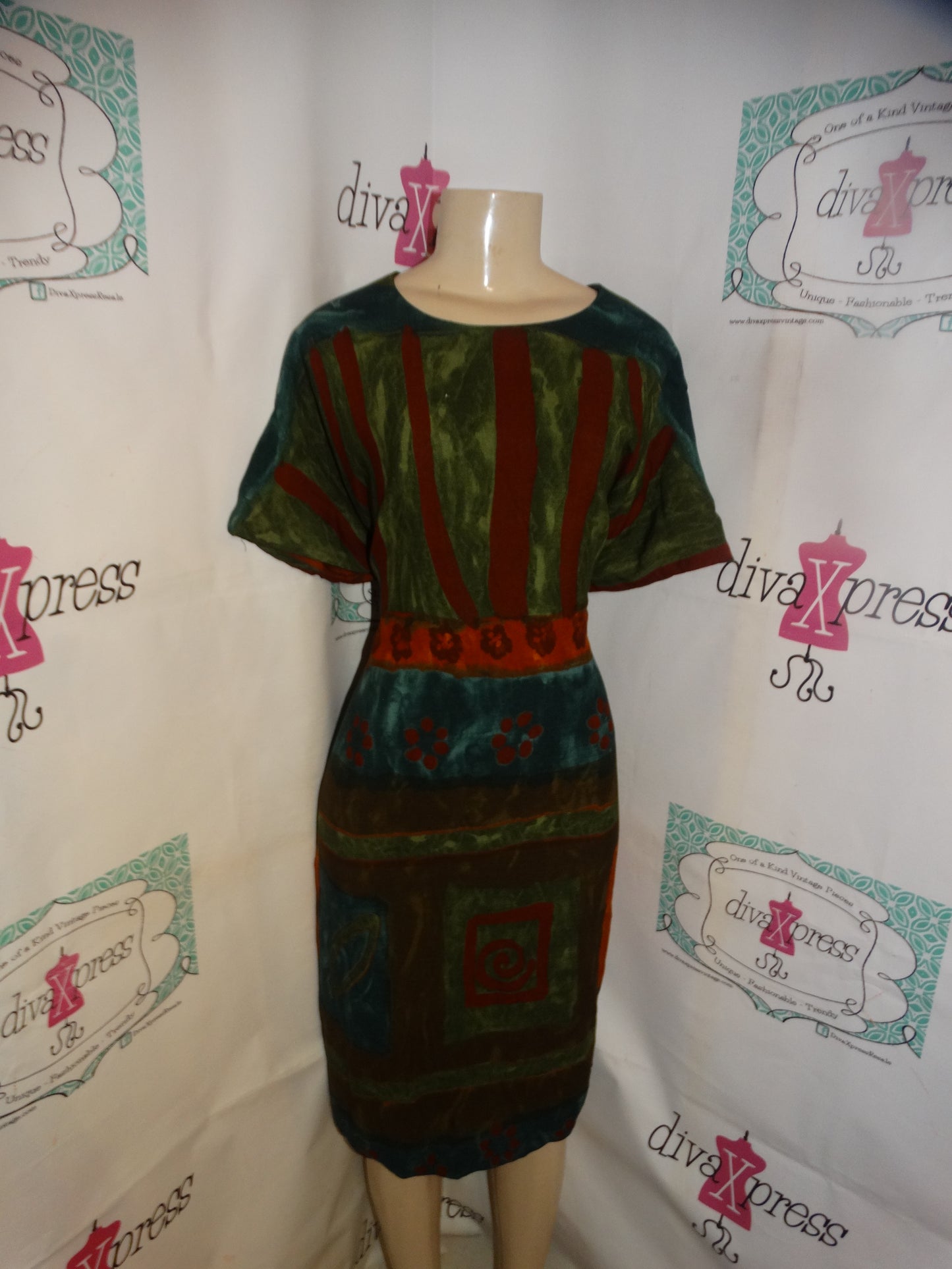 Vintage Karin Stevens Green/Brown Pattern Dress Size L