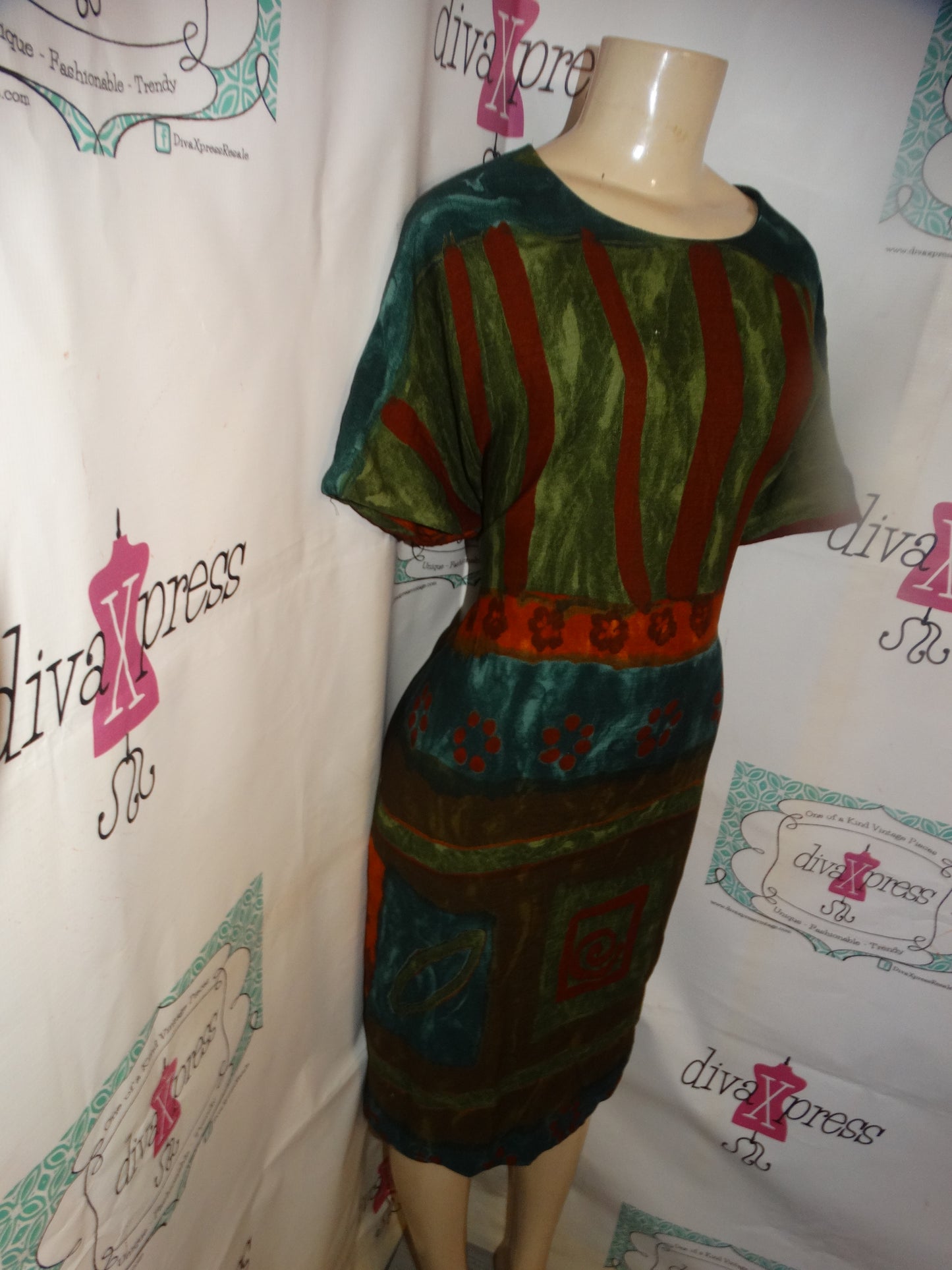 Vintage Karin Stevens Green/Brown Pattern Dress Size L