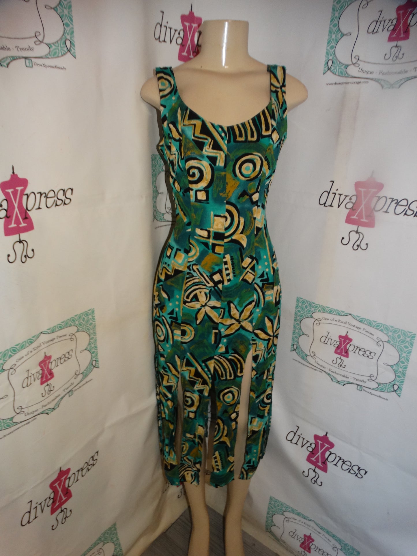 Vintage Que Pasa Green Aztech Shingle Dress Size S