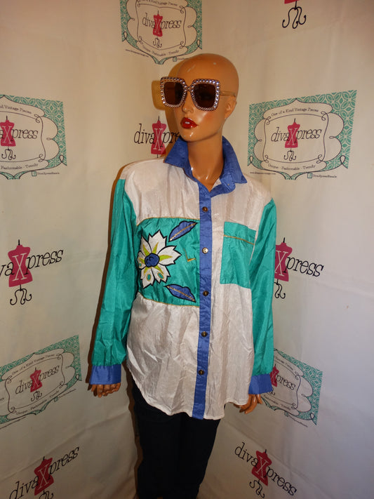 Vintage Teddi White Purple Teal Blouse Size L