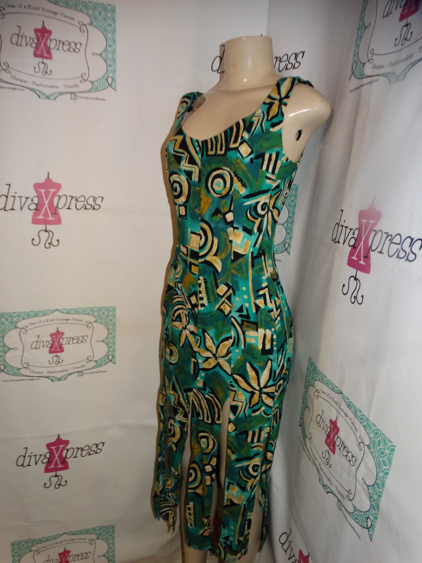 Vintage Que Pasa Green Aztech Shingle Dress Size S