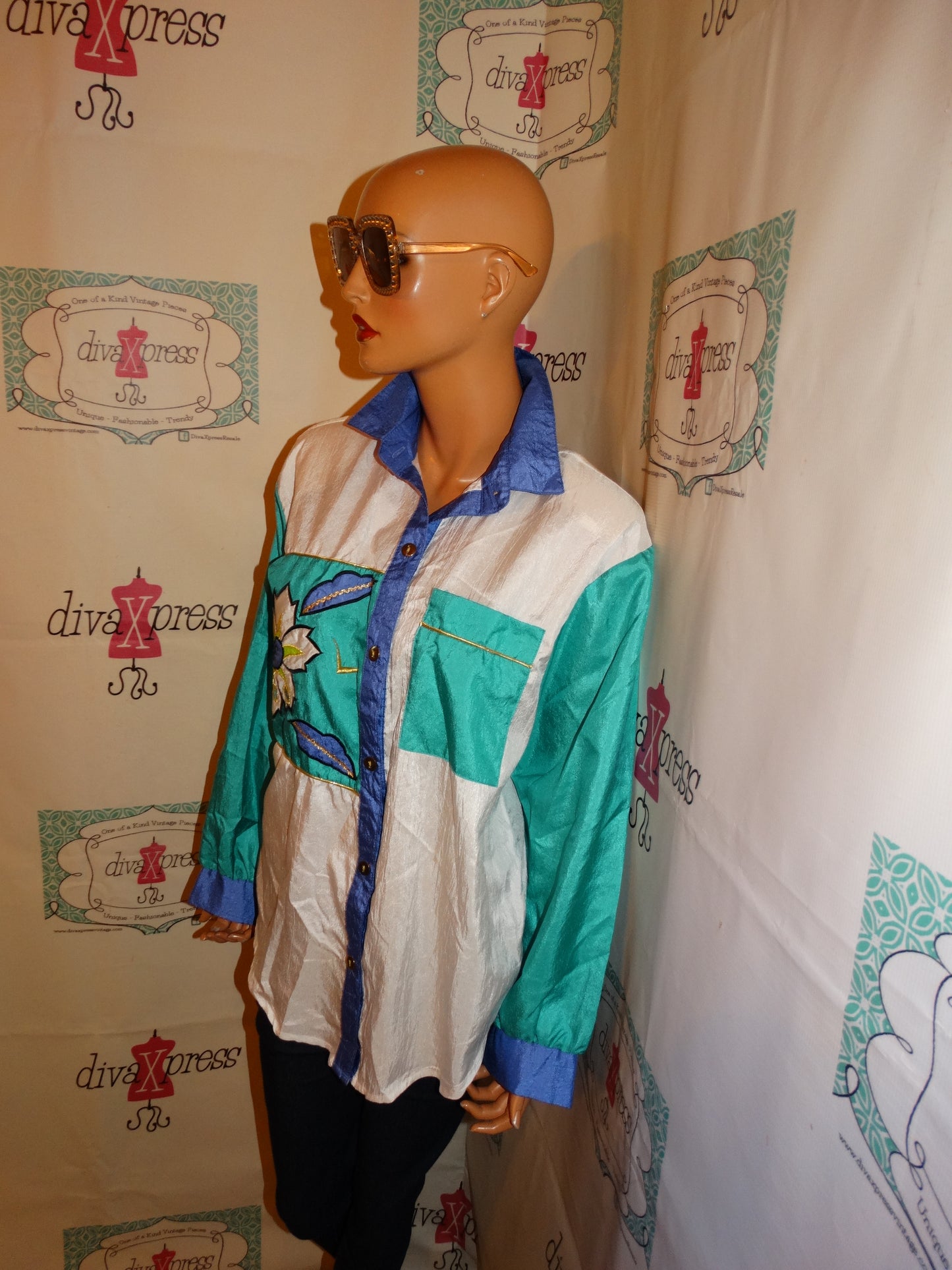 Vintage Teddi White Purple Teal Blouse Size L