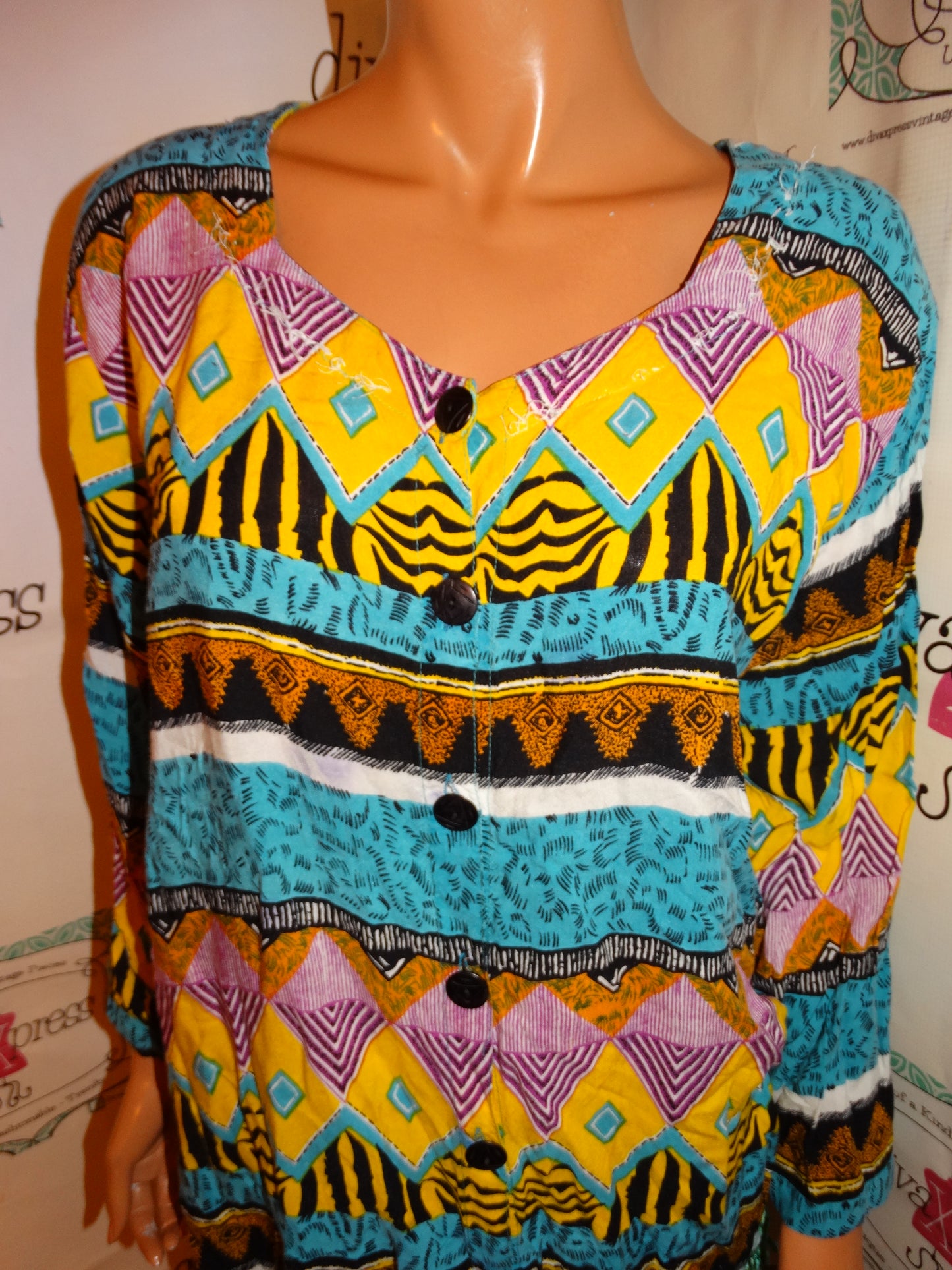 Vintage The African Scene Yellow/Blue Colorful Top Size 1x